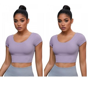 INSPIRE CHIC 2 Pcs Women's U Neck Short Sleeve Deep V Back Workout Tank Tops with Built-in Bras - 1 of 4