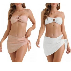 INSPIRE CHIC Women's Ribbed O Ring Bandeau Back Buckle Triangle Thong Bottom Swimwear Bathing Bikini Suits 2 Sets - 1 of 4