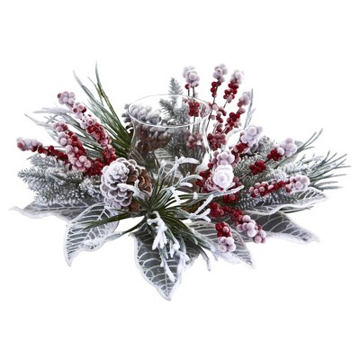 Nearly Natural 17-in Snowy Magnolia Berry Artificial Arrangement Candelabrum