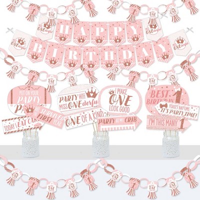 Big Dot of Happiness 1st Birthday Little Miss Onederful - Banner and Photo Booth Decor - Girl First Birthday Party Supplies Kit - Doterrific Bundle