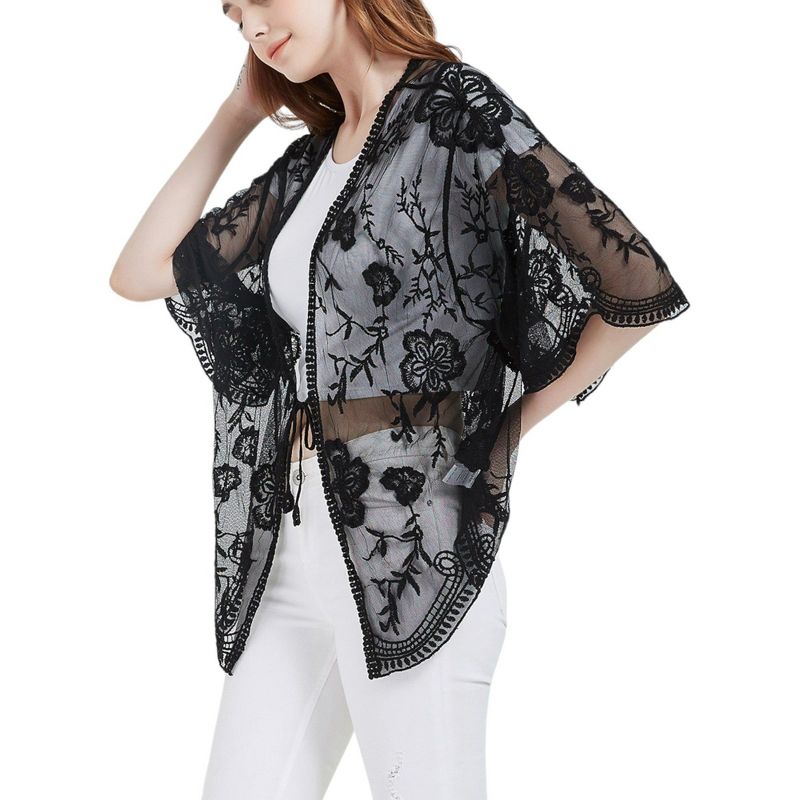 Anna-Kaci Women's Short Embroidered Lace Duster Crop Cardigan with Half Sleeves, 1 of 7