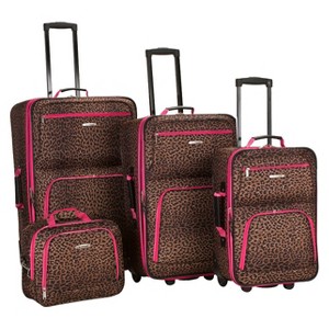 Rockland Safari 4pc Rolling Luggage Set - Pink Leopard, Brown/Pink
