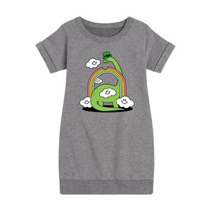 - Instant Message - St. Patrick's Day Dinosaur Eatting Rainbow Graphic Short Sleeve Fleece Dress - 1 of 4