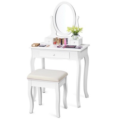 Costway White Vanity Table Jewelry Makeup Desk Bench Dresser Stool 3 Drawers