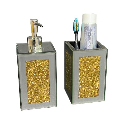 Chery Life Ambrose Exquisite 2 Piece Square Soap Dispenser and Toothbrush Holder, Gold