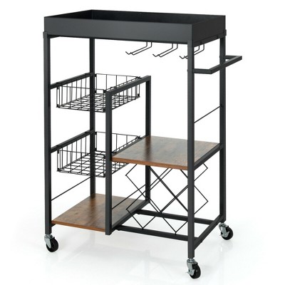 Costway 4-Tier Kitchen Carts  Rolling Serving Trolley Wine Rack Removable Tray Basket