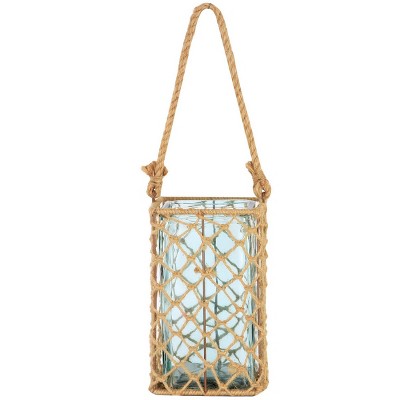A & B Home 9.5" Decorative Teal Glass and Jute Square Pillar Candle Holder with Handle