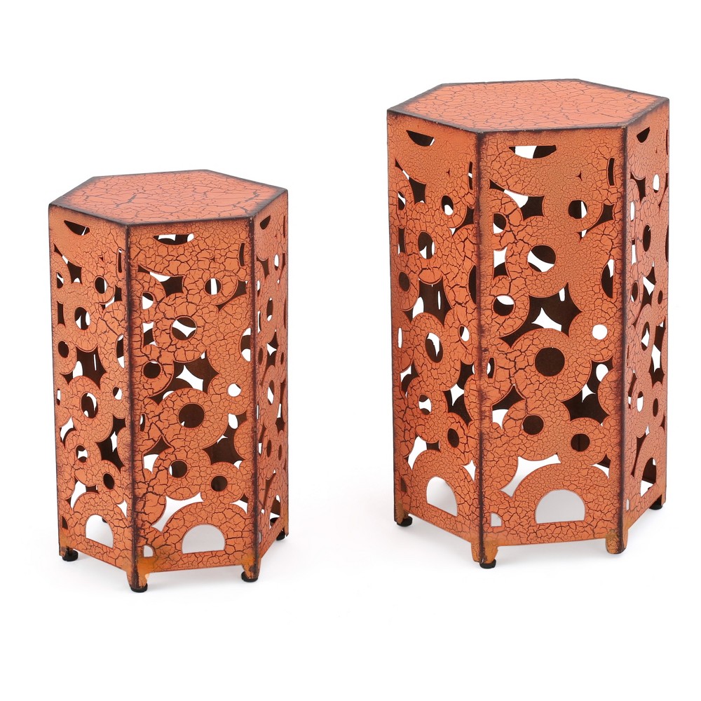 Photos - Garden Furniture Parrish 2pc Hexagon Iron Antique Accent Tables Orange - Christopher Knight