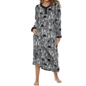 ADR Women's Plush Fleece Nightgown Woman, Long Cozy Kaftan with Pockets, Plaid & Solid Colors - 1 of 4