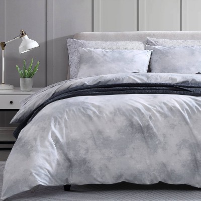Gray and White Cotton Twin Duvet Cover Set