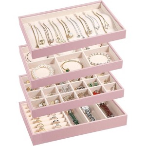 4-Piece Stackable Jewelry Organizer Trays made of PU leather with removable dividers for earrings, necklaces, rings, and bracelets - 1 of 4