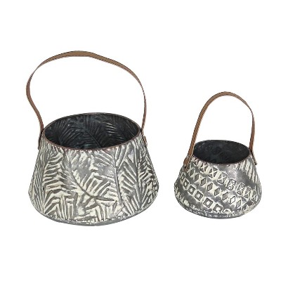 Set of 2 Rustic Whitewashed Pattern Galvanized Metal Decorative Storage Baskets With Faux Leather Handles - Foreside Home and Garden
