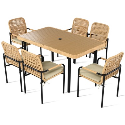 TiramisuBest 7-Piece Outdoor Wicker Patio Dining Set,Plastic-Wood Table,Umbrella Hole,Oatmeal Cushions for Backyard/Garden/Poolside