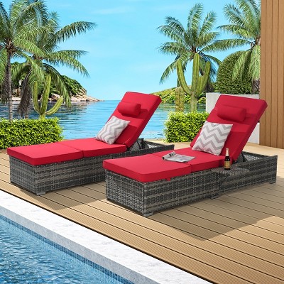 Outdoor Recliner Set of 2,Rattan Recliners With Adjustable Backrest,Table And Cushion,Recliner With Storage For Poolside-Cuddlewood