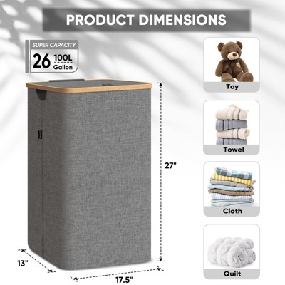 Gray Fabric Tall Laundry Hamper with Bamboo Lid and Handles
