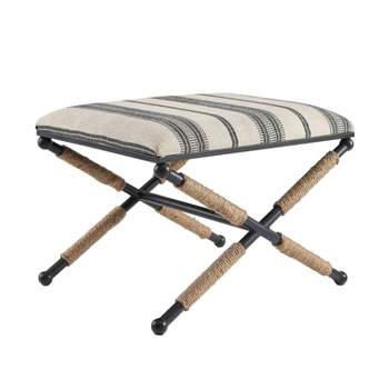 24" Ashburn Boho Rope Wrapped Campaign Accent Stool Ottoman Black/Natural Wide Striped - Linon