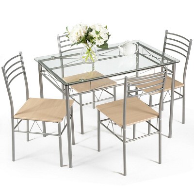 Costway 5 Piece Dining Set Table and 4 Chairs Glass Top Kitchen Breakfast Furniture Brown