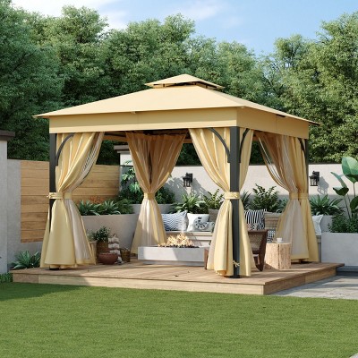 Outdoor Double Roof Canopy Gazebo with Privacy Panels and Mesh Netting,Heavy Duty Patio Gazebo for Backyard Lounge-Cuddlewood