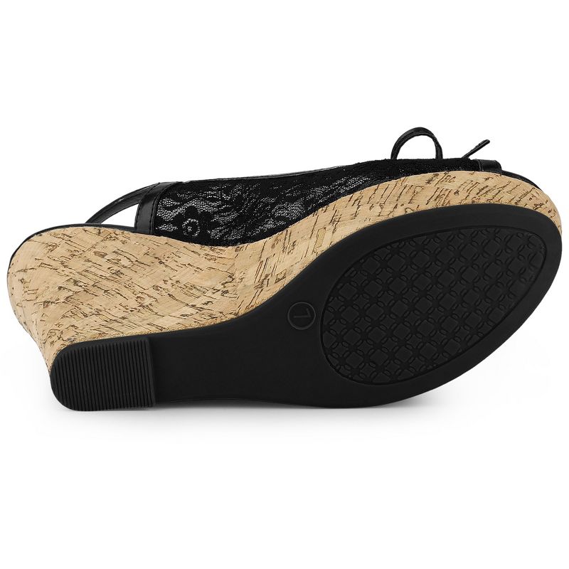 Allegra K Women's Wood Platform Heels Bow Lace Wedge Sandals, 5 of 8