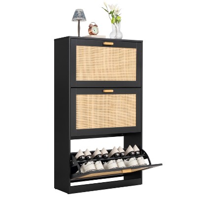 Finnhomy 3 Tier Slim Shoe Organizer, Extended Edition Shoe Cabinet with Natural Rattan Flip Drawers