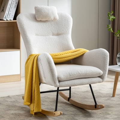 Aukfa Soft Teddy Fabric Rocking Chair w/Pocket - Ergonomic Nursery Glider, Solid Wood Base, 256LB Capacity for Living Room & Bedroom