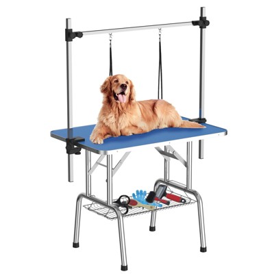 VisioGear 46 Inch Foldable Dog Grooming Table for Home with Adjustable Arm, Noose, and Storage Mesh Tray, Blue, 46"*24"*64"