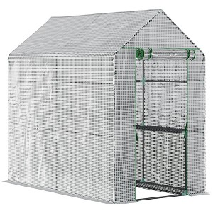 Outsunny 47.25" x 73.25" x 74.25" Walk-in Greenhouse, Outdoor Portable Plant Flower Growing Warm House with Roll-up Door and 4 Shelves, White - 1 of 4
