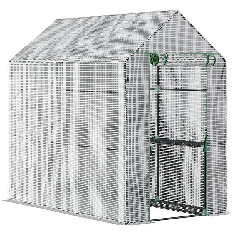 Outsunny 47.25" x 73.25" x 74.25" Walk-in Greenhouse, Outdoor Portable Plant Flower Growing Warm House with Roll-up Door and 4 Shelves, White, 1 of 8