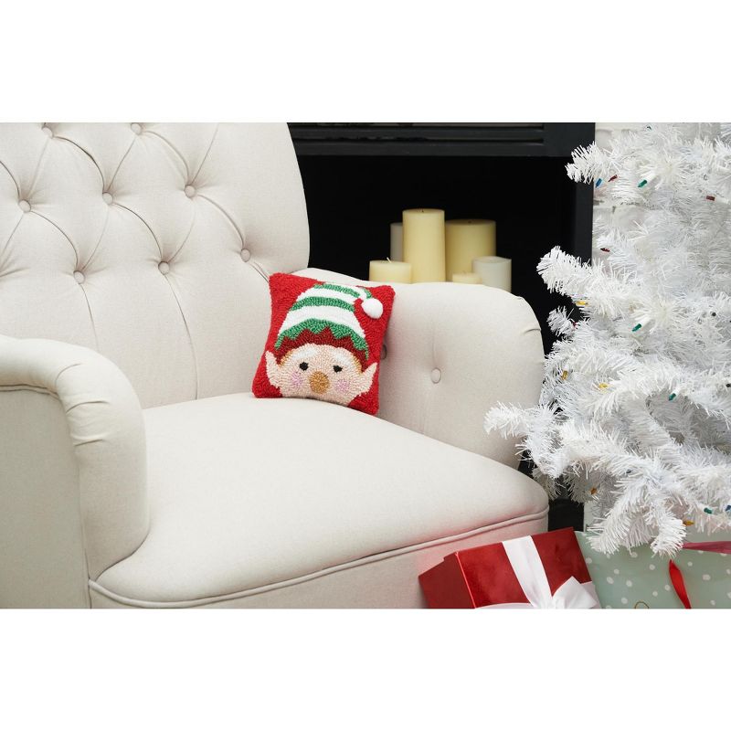 C&F Home 8" x 8" Christmas Peek-A-Boo Elf Face on Red Background Petite Accent Hooked Throw Pillow, 3 of 6
