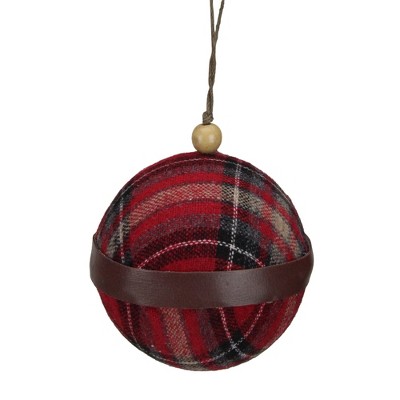 Kaemingk 4" Red And Black Plaid Fabric With A Brown Strip Christmas Ball Ornament