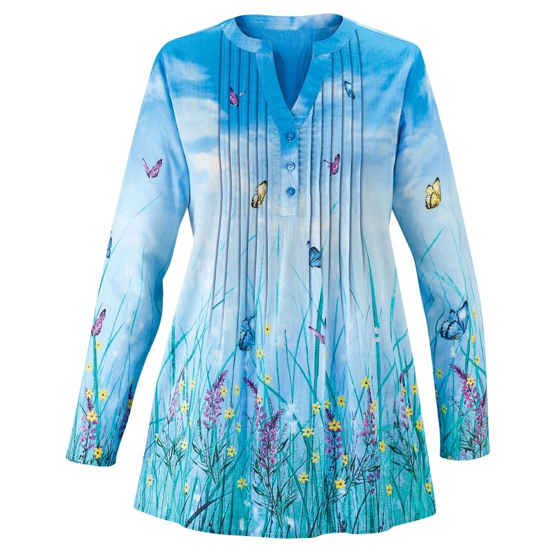 Collections Etc Butterfly Floral Garden Pintuck Tunic with Split V-Neckline, 1 of 6