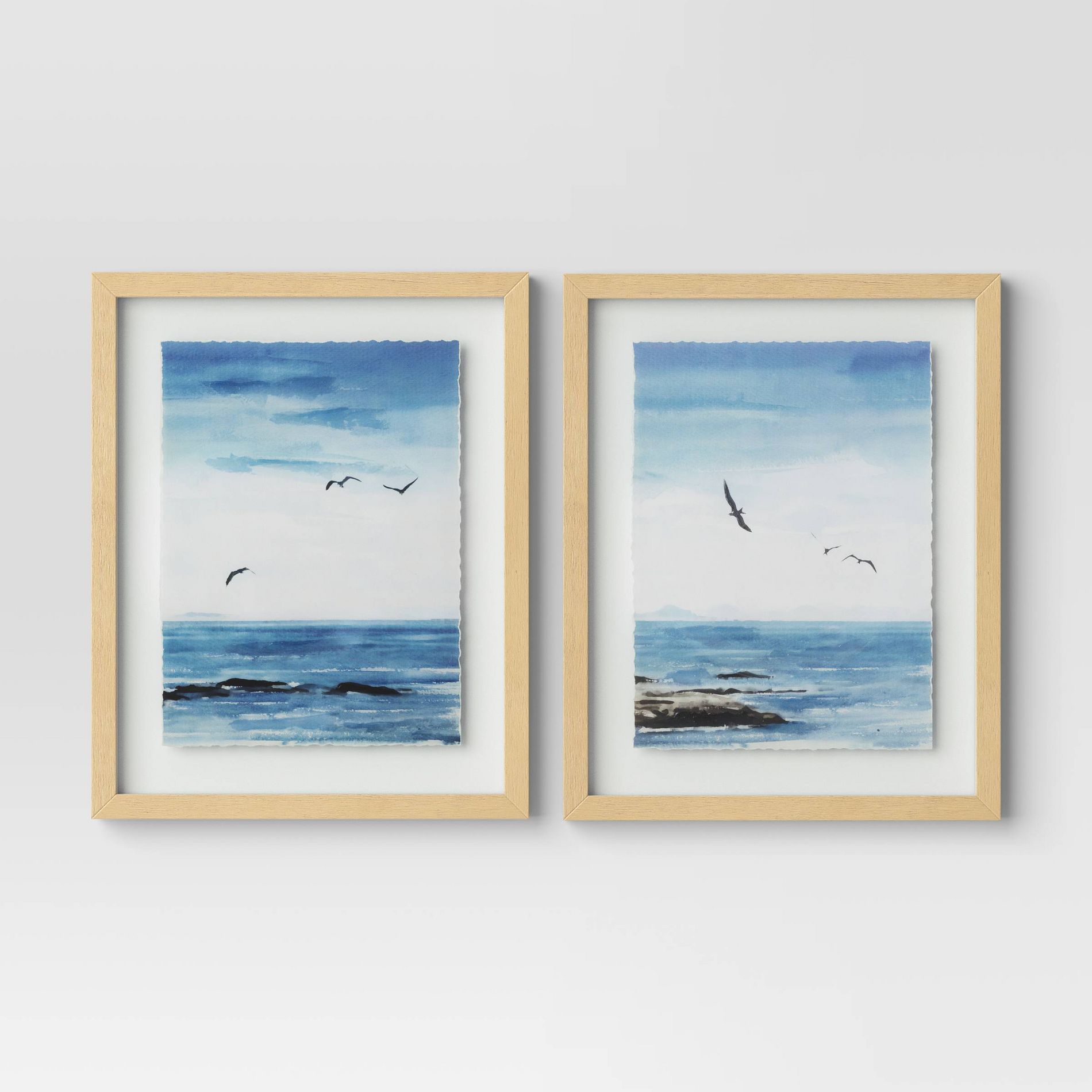 (Set of 2) 16" x 20" Seascape Framed Art Set Natural - Threshold™: Vertical Wall Art, Blockprint Style
