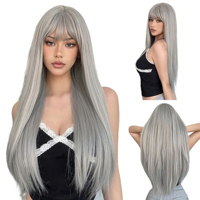 Jessie's Wig 26 Inch Long Straight Bangs With Wig Synthetic Hair Silver Color 1 Pc/Pack