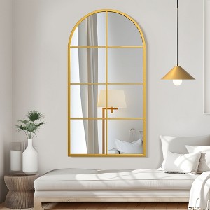 Gold Window Pane Style Iron Art Arch-shaped Wall Mirror with Right Angles - 1 of 4