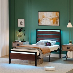 Karl Home Bed Frame with LED Light and Charging Station, Metal Platform Bed with Wood Headboard, No Box Spring Needed - 1 of 4