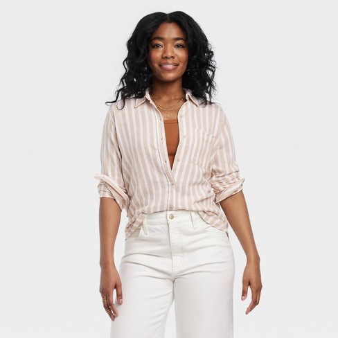 Women's Linen Long Sleeve Collared Button-Down Shirt - Universal Thread™  Tan Striped M