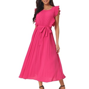 Seta T Women's Casual Ruffle Sleeveless Crewneck Pleated Flowy Belted Midi Sundresses - 1 of 4