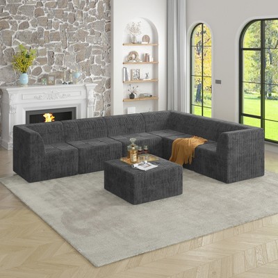 130.32" Modern Minimalist Corduroy L-Shape Modular Sectional Sofa, No Assembly Needed, 7-piece Free Combination Sofa
