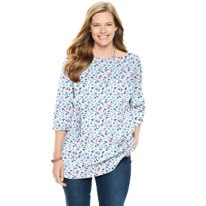 Woman Within Plus Size Perfect Printed Elbow-Sleeve Boatneck Tee - 1 of 4