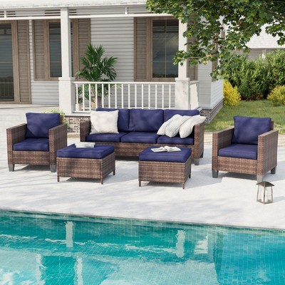 Sonkuki 5-Piece Patio Conversation Sofa Set Brown Rattan with Widen Armrest