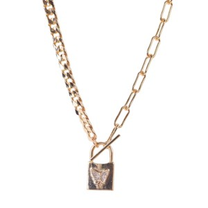 Slickblue Women's Necklace, Gold Chunky Paper Clip Chain with Rhinestone Butterfly Padlock Pendant, 17.5" - 1 of 3