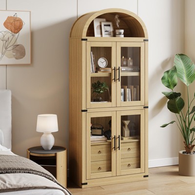 Arched Bookshelf with Doors and Drawers, 71.4" Tall Farmhouse Bookcase, 15.8" Deep Wooden Display Cabinet with Storage Shelves