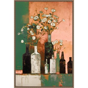23"x33" Bottles and Flowers by Treechild Framed Canvas Wall Art Print Bronze - Amanti Art - 1 of 4