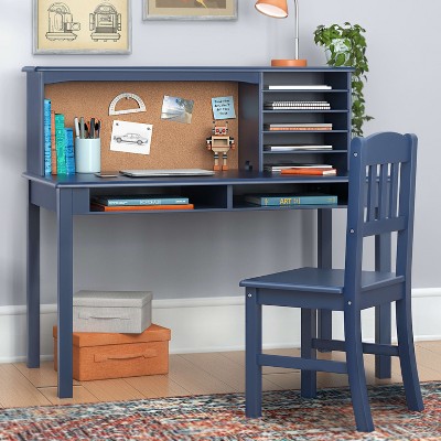 Guidecraft Kids Media Desk and Chair Set - Navy: Kids Desk with Storage Hutch, Wooden Study Table with Shelves for Kids Bedroom