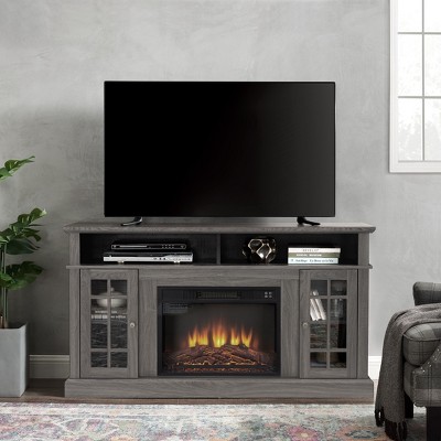 VYNXARIA Classic Dark Walnut and Black TV Media Stand with 23" Fireplace Insert for TVs Up to 65inch
