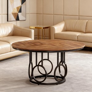 Gulches 47.24" Round Dining Table, Walnut and Black Metal Vintage Farmhouse Style, Seats 4-6, Sturdy MDF Top, Space-Saving - 1 of 2