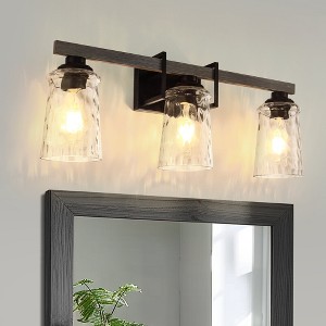 YANSUN 26 in. 3 Light Black and Wood Grain Rustic Farmhouse Bell Vanity Light for Bathroom Mirror with Water Glass Black - 1 of 1