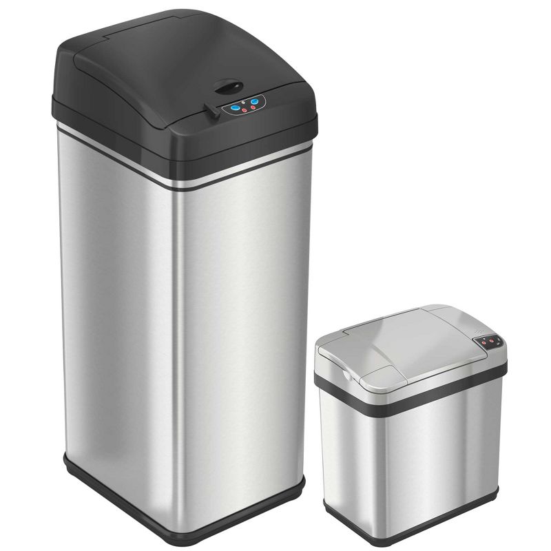 iTouchless Combo Set Touchless Sensor Kitchen and Bathroom Trash Cans with AbsorbX Odor Filter 13 and 2.5 Gallon Silver Stainless Steel, 1 of 9