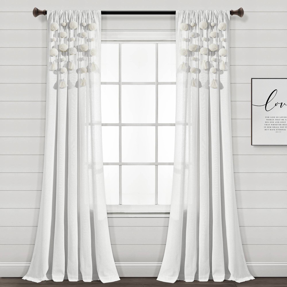 Photos - Curtains & Drapes 84"x52" Pom-Pom Tassel Linen Light Filtering Window Curtain Panel Off Whit