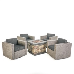 GDFStudio Venice Outdoor Wicker 5 Piece Swivel Club Chair and Fire Pit Set - 1 of 4